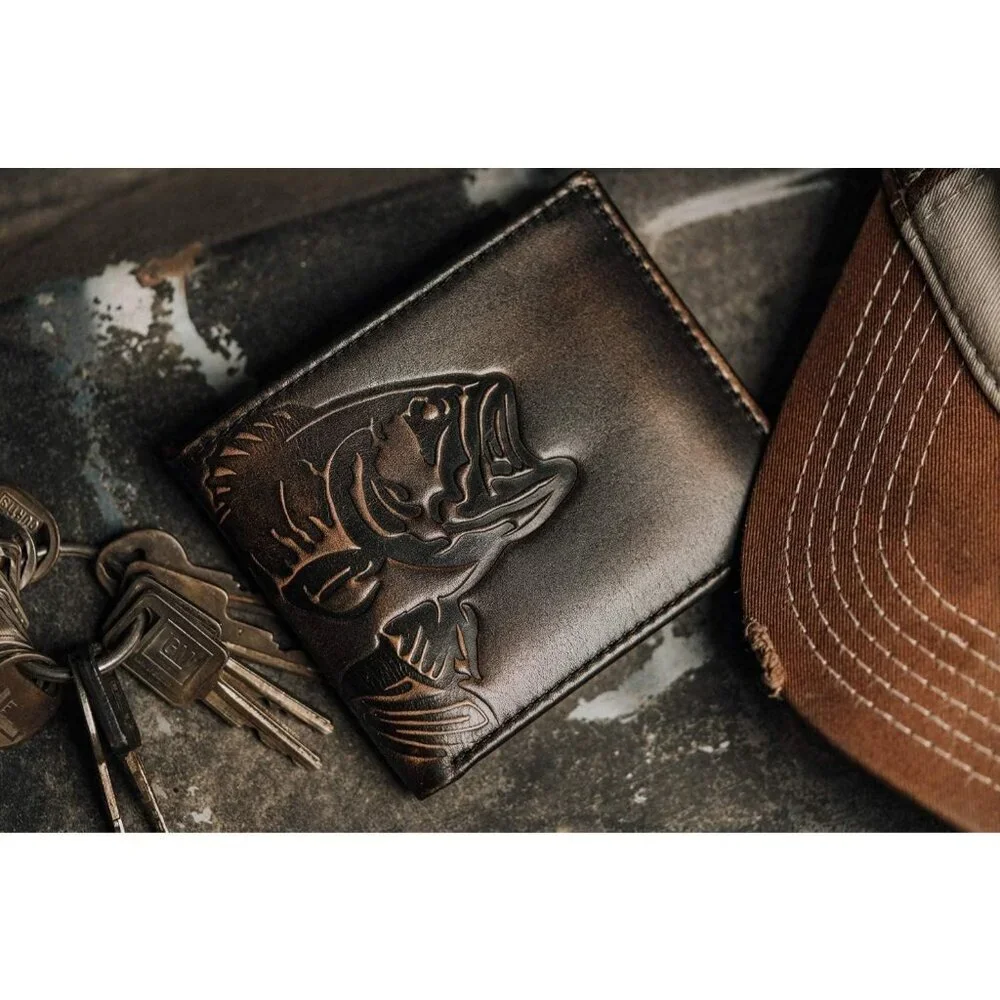 Men's Bass Double Id Bifold Black Grain premium Leather Fishing Wallet Card